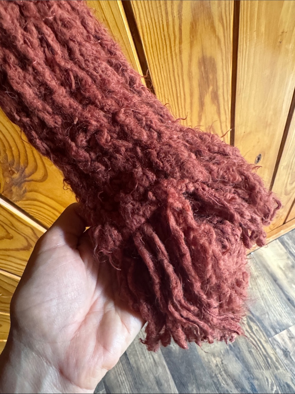 Hand-Knit Rust Fringe Scarf - Picture 3 of 4